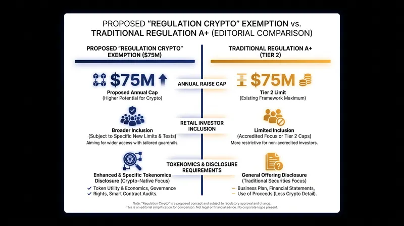 The proposed framework creates a bespoke capital-raising path modeled on existing exemptions but tailored for digital assets.