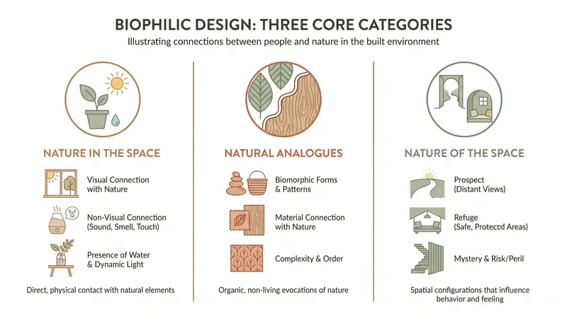 The 14 patterns of biophilic design are grouped into three main categories of human-nature interaction.