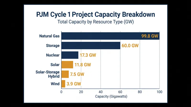 Natural gas accounts for nearly half of the 201.5 gigawatts in PJM's first reformed study cycle, though battery storage leads in total project count.