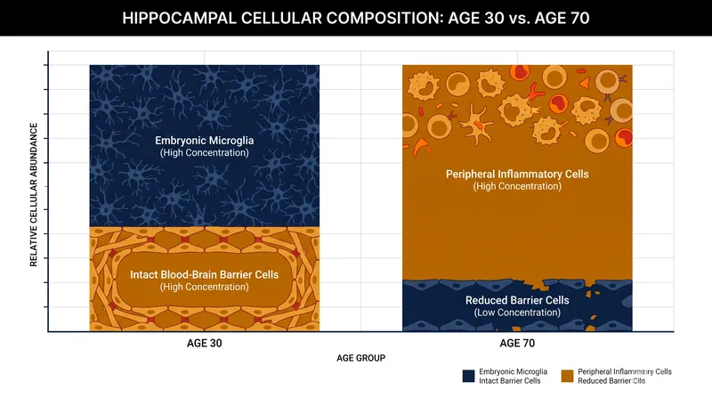 The cellular landscape of the hippocampus shifts dramatically as the blood-brain barrier weakens in older adulthood.