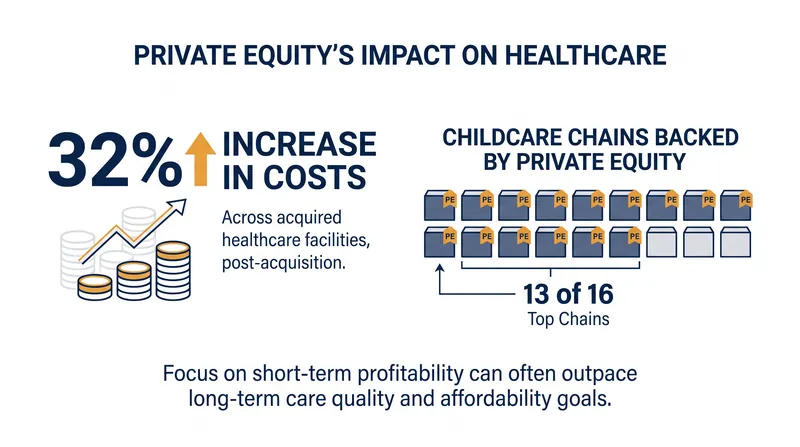 Data indicates that private equity acquisitions in healthcare and childcare are associated with increased costs and rapid market consolidation.