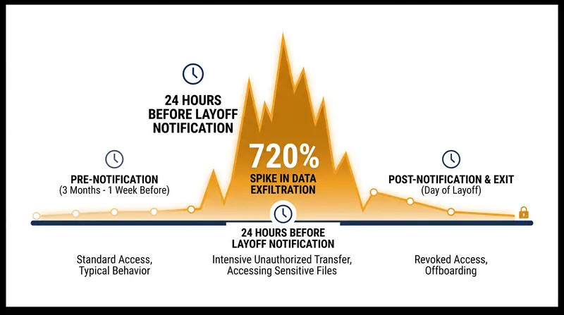 Research indicates that data theft by departing employees spikes dramatically in the hours immediately preceding a layoff.
