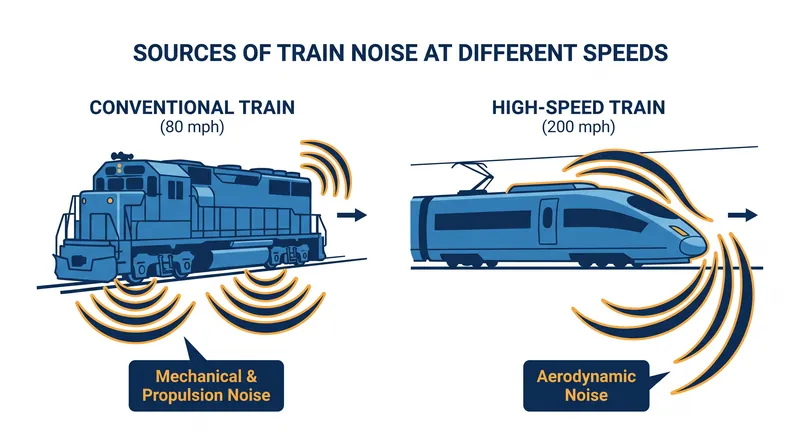 As train speeds exceed 160 mph, aerodynamic noise overtakes mechanical noise as the dominant sound source.