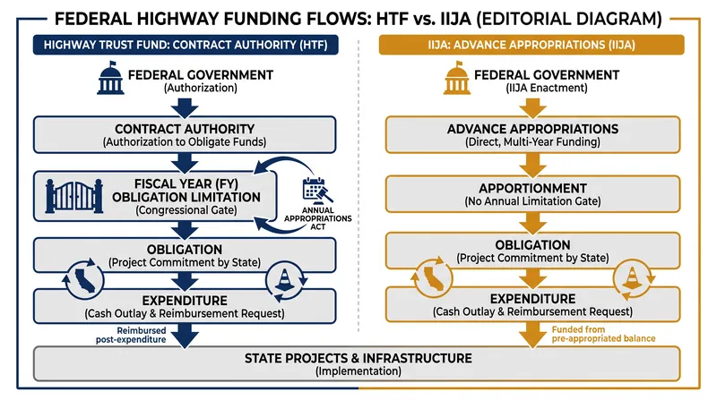 Highway programs rely on guaranteed contract authority, while transit and rail depend heavily on advance appropriations.