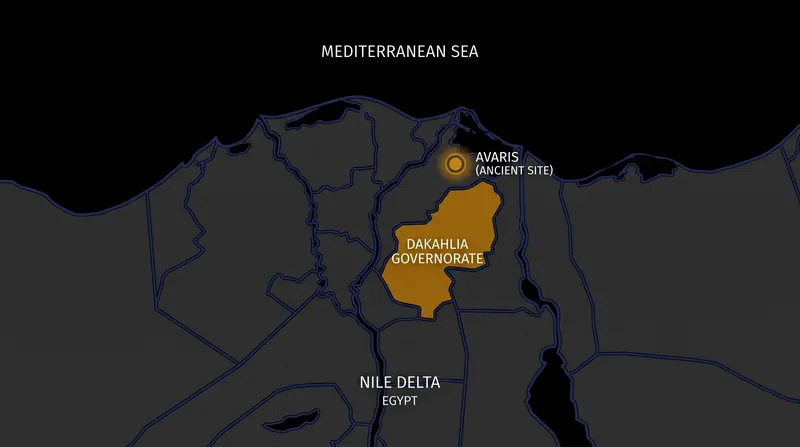 Kom El-Khelgan is located in the Dakahlia governorate, near the ancient Hyksos capital of Avaris.
