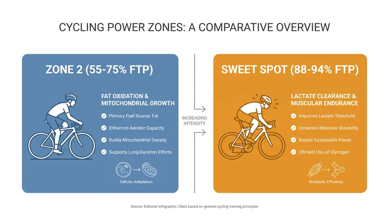 Zone 2 and Sweet Spot target different physiological adaptations on the power spectrum.