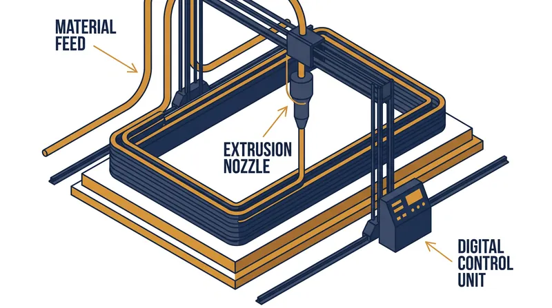 Robotic printing systems place layers of proprietary concrete to build wall systems with high precision and minimal waste.
