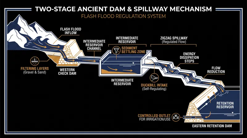 How the duckbill spillway and two-stage reservoir safely managed violent flash floods.