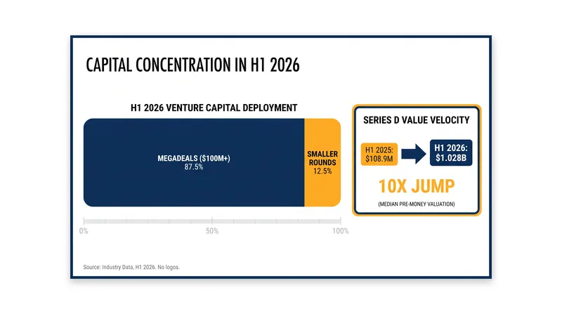 Capital concentration reached unprecedented levels in H1 2026, driven by massive AI infrastructure rounds.