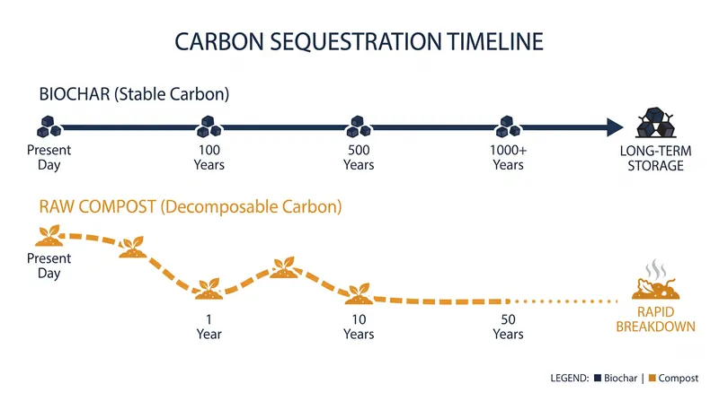 Unlike compost, which decomposes rapidly, the pyrolysis process locks carbon into a stable form that lasts for centuries.