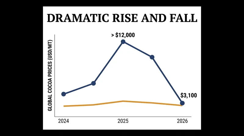 Global cocoa prices have plummeted roughly 75 percent from their historic peak.