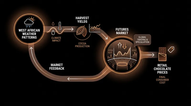 The journey from bean to bar involves a temporal lag, meaning retail prices fall months after wholesale markets crash.