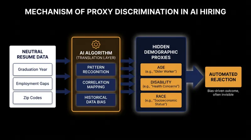 How AI screening tools can inadvertently learn to discriminate using proxy data.