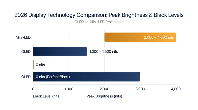 Mini-LED pushes significantly higher peak brightness, while OLED maintains an absolute 0-nit black floor.