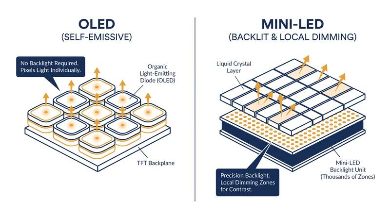 OLED pixels emit their own light, while Mini-LED relies on a sophisticated zonal backlight system.