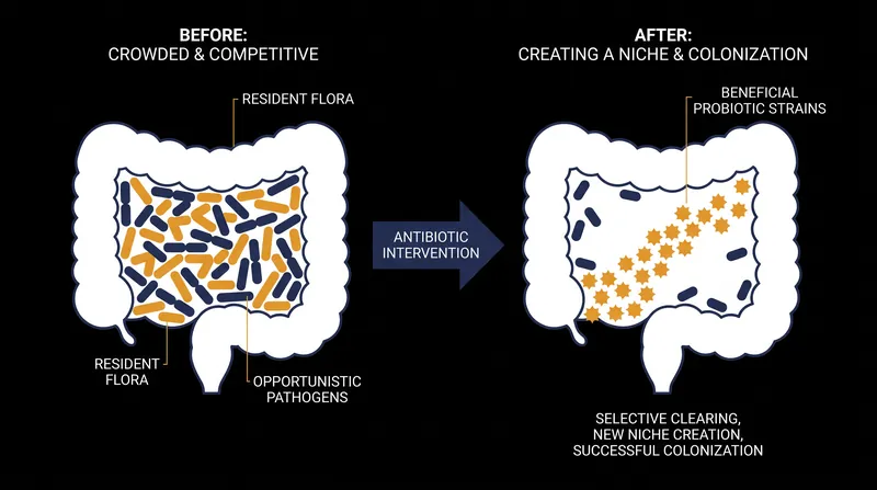 A short course of antibiotics clears existing gut bacteria, creating a biological niche for the new donor microbes to successfully colonize.