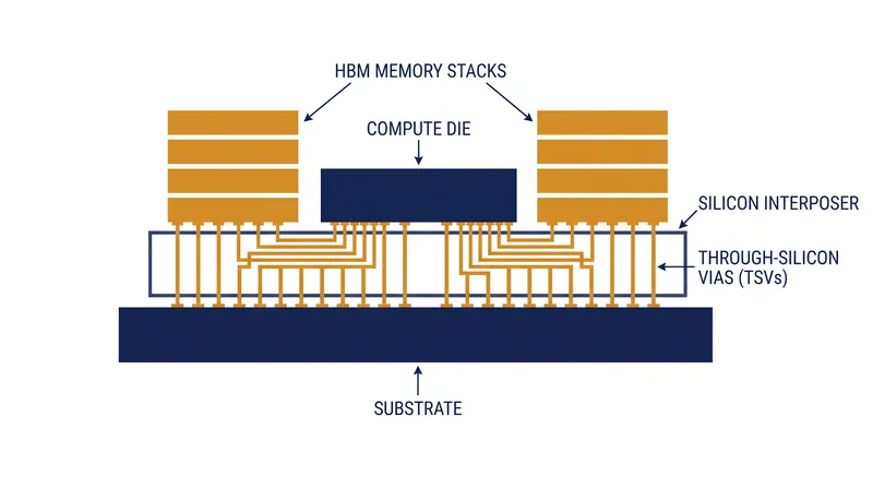 CoWoS architecture stitches multiple compute and memory chips together on a single high-speed interposer.