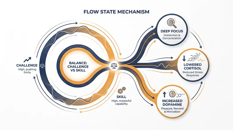 The psychological mechanism of flow requires a balance between challenge and skill.