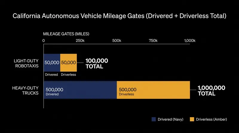 The 'crawl, walk, run' mileage requirements for AV deployment under the new California DMV regulations.