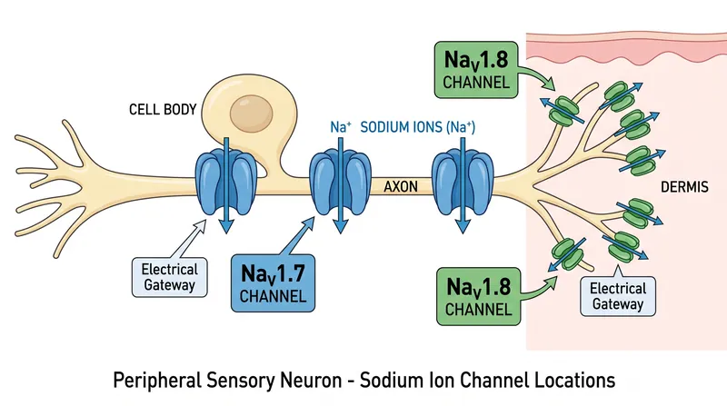 NaV1.7 and NaV1.8 channels act as molecular batteries that fire pain signals up the nerve.
