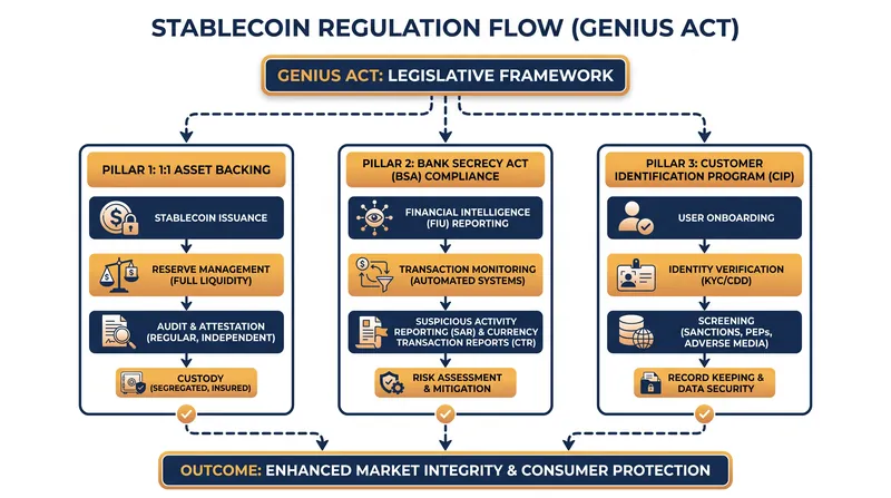 The GENIUS Act establishes three core pillars for stablecoin issuers operating in the United States.