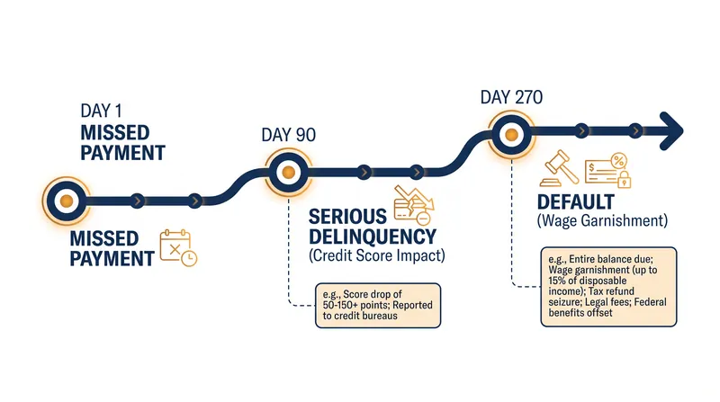 The timeline from a missed payment to federal student loan default.