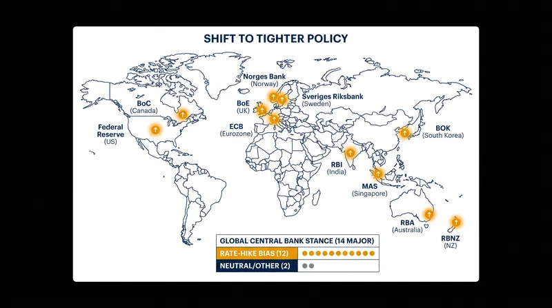 A synchronized shift: 12 of 14 major central banks have pivoted to a rate-hike bias as of August 2026.