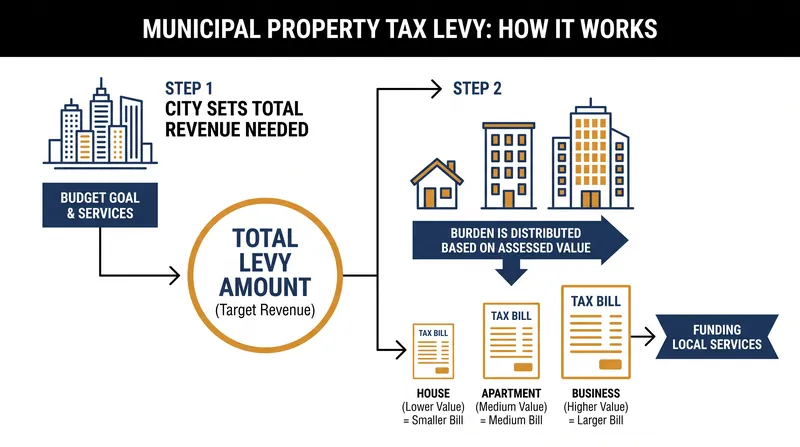 A property tax levy determines the total amount the city collects, which is then distributed based on individual property assessments.