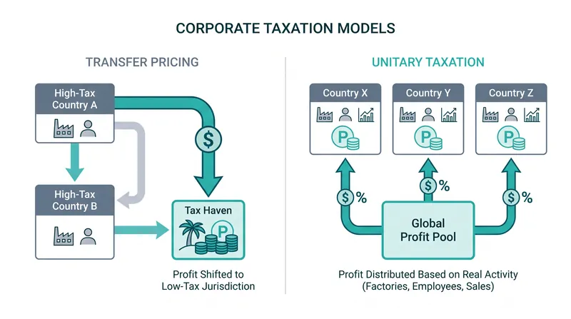 Unitary taxation apportions a multinational's global profits based on real economic activity rather than corporate registration.
