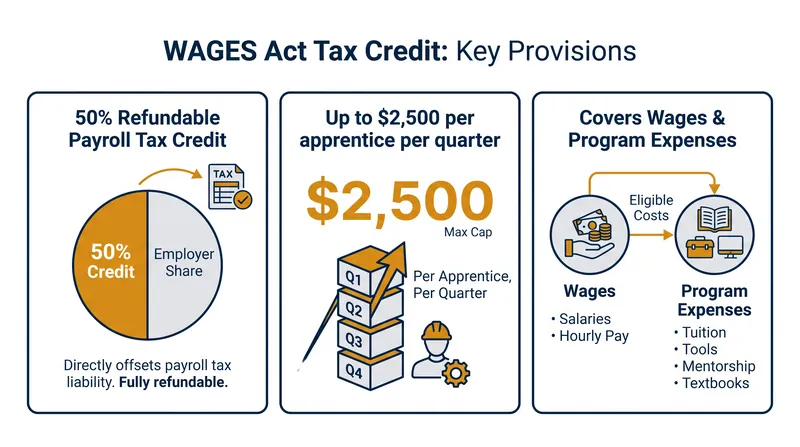 The proposed WAGES Act allows employers to claim a refundable tax credit for both apprentice wages and training expenses.