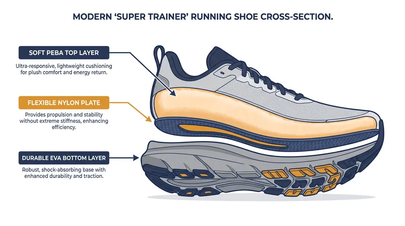 Many super trainers use a dual-density construction to balance bounce with stability.