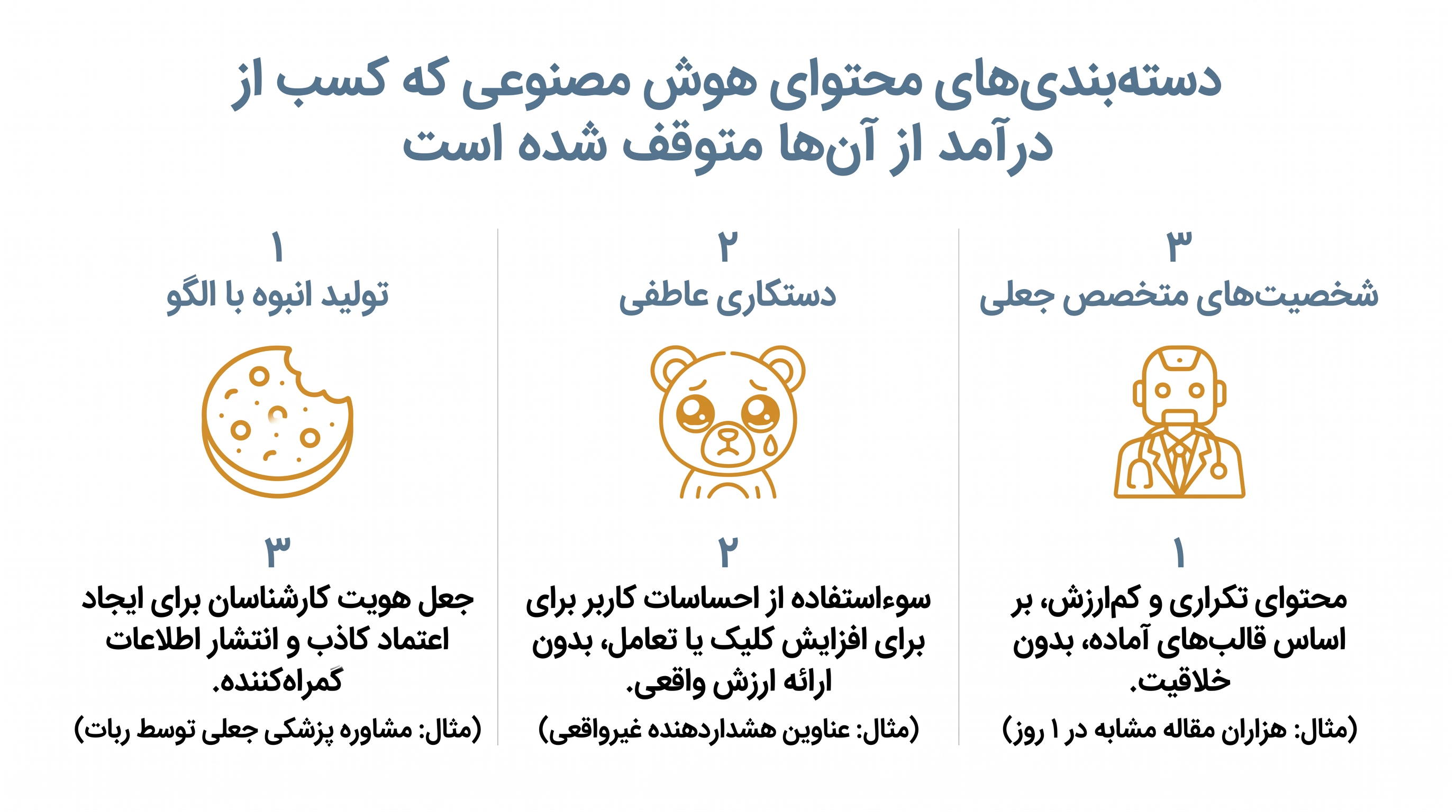 سه دستهبندی خاص از «محتوای غیرمعتبر» که دیگر برای برنامه شریک یوتیوب واجد شرایط نیستند.