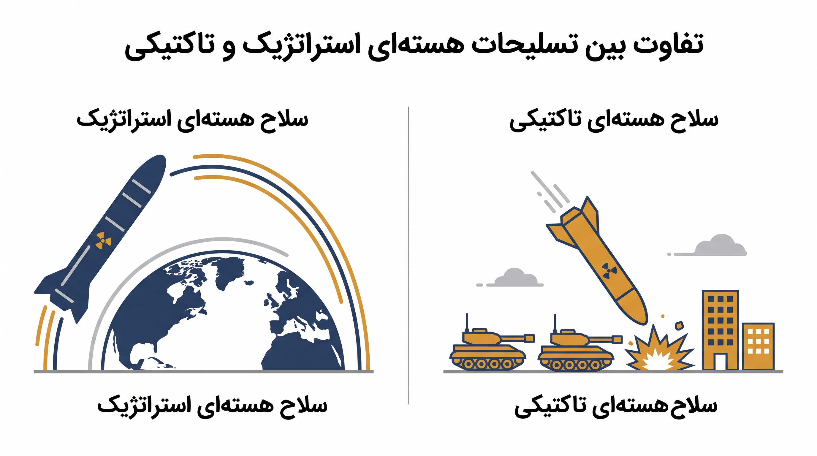 تسلیحات هستهای تاکتیکی دارای بازده انفجاری کمتر و برد کوتاهتر هستند و برای اهداف میدان نبرد طراحی شدهاند نه تخریب گسترده.
