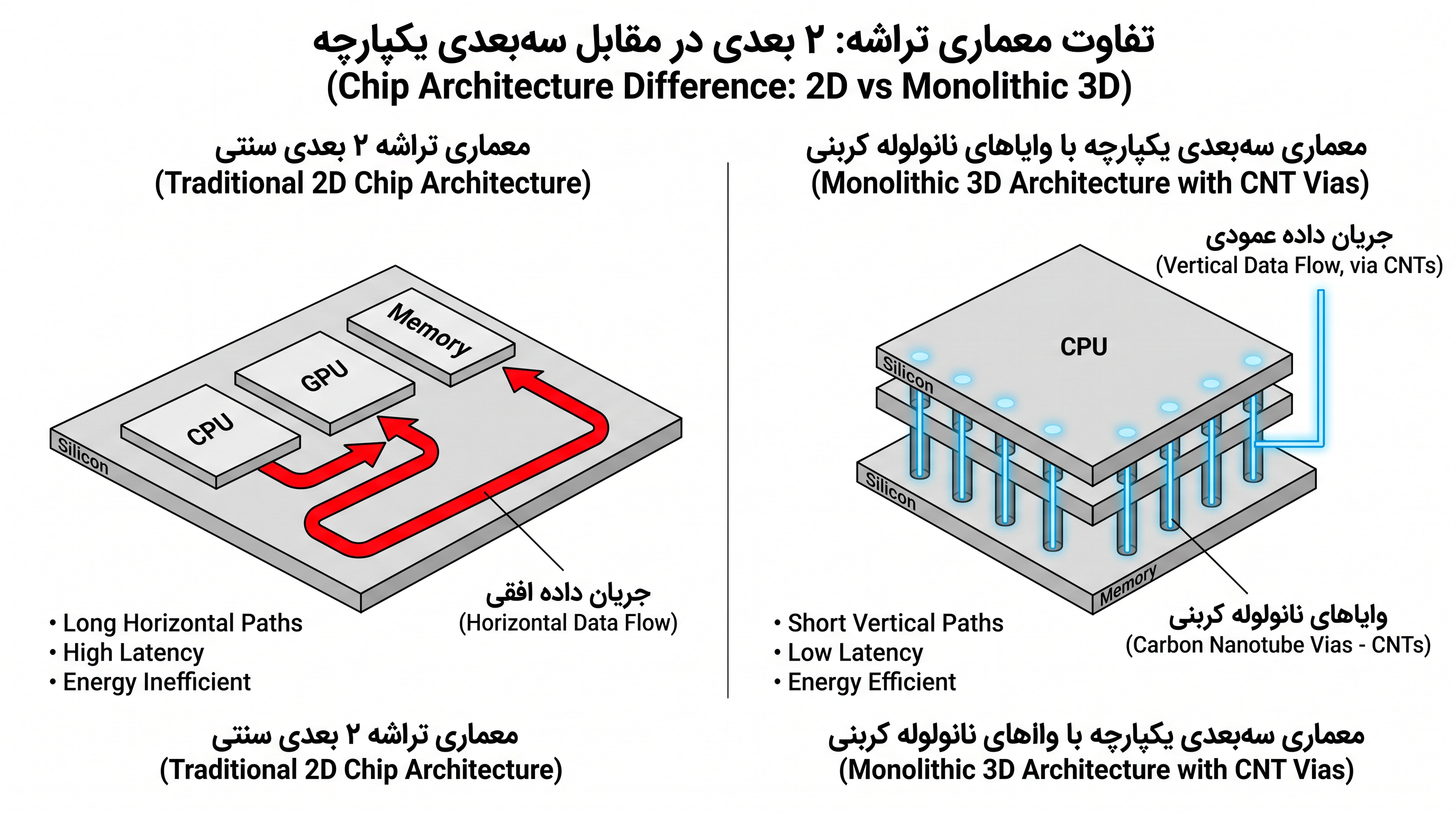 ادغام سهبعدی یکپارچه، حافظه را مستقیماً روی منطق قرار میدهد و مسیرهای داده را به شدت کوتاه میکند.