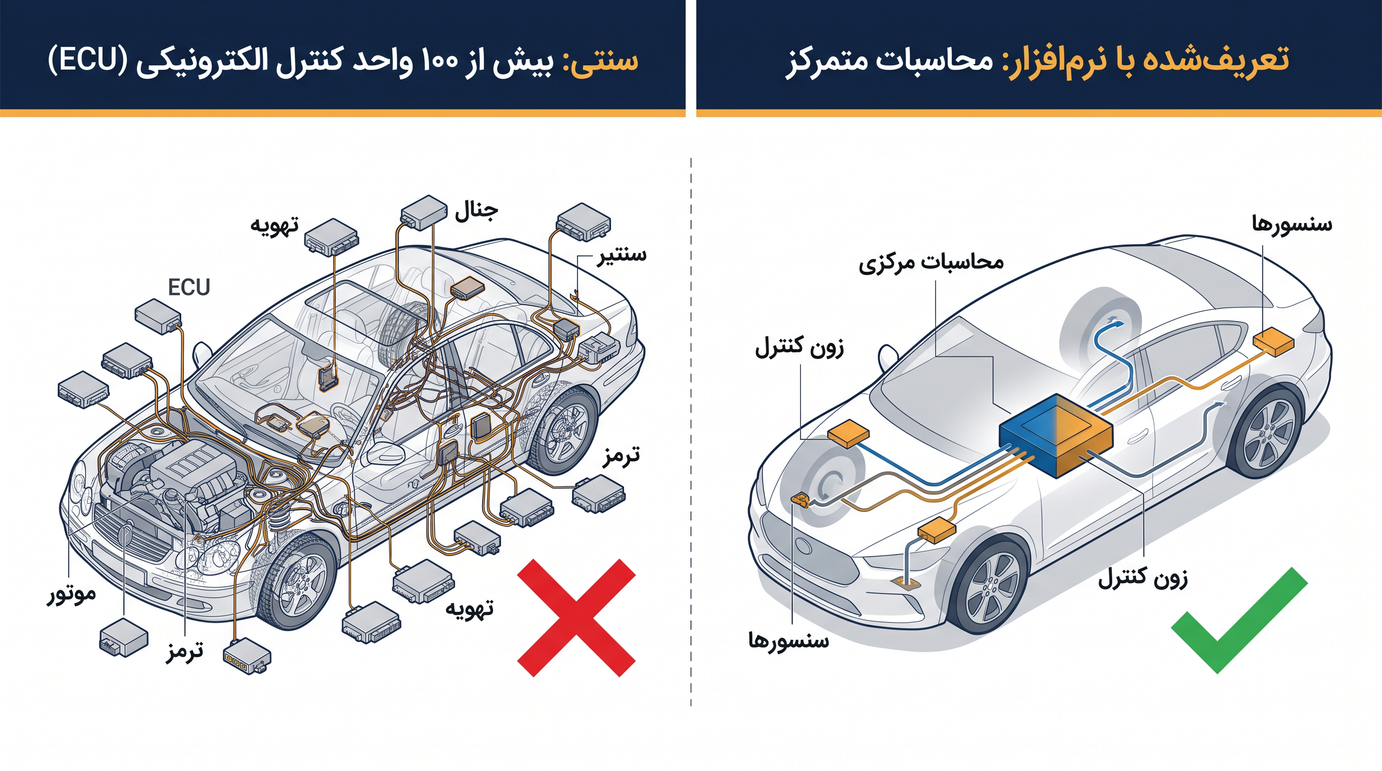 خودروهای تعریفشده با نرمافزار، دهها تراشه کامپیوتری پراکنده را با چند هاب قدرتمند و متمرکز جایگزین میکنند.