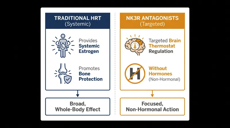 Comparing the targeted approach of NK3R antagonists with systemic hormone therapy.
