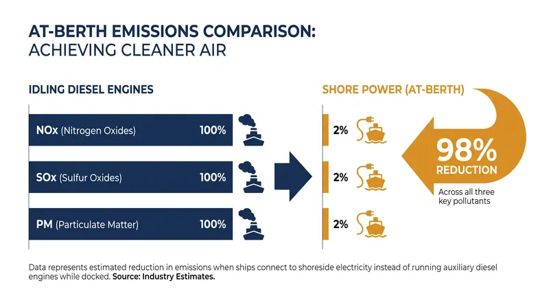 Connecting to the local electrical grid drastically reduces localized air pollution for port communities.