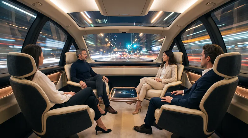 Without the need for a steering column or dashboard, the interior functions more like a lounge than a traditional car cabin.