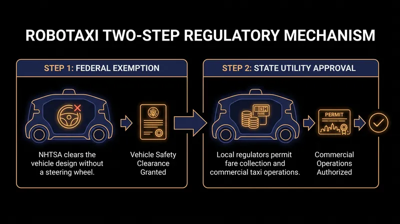 Federal approval makes the vehicle street-legal, but state regulators must still approve commercial fare collection.