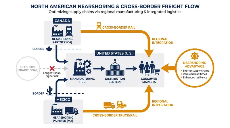 The integrated rail network is designed to support the growing trend of nearshoring in North America.