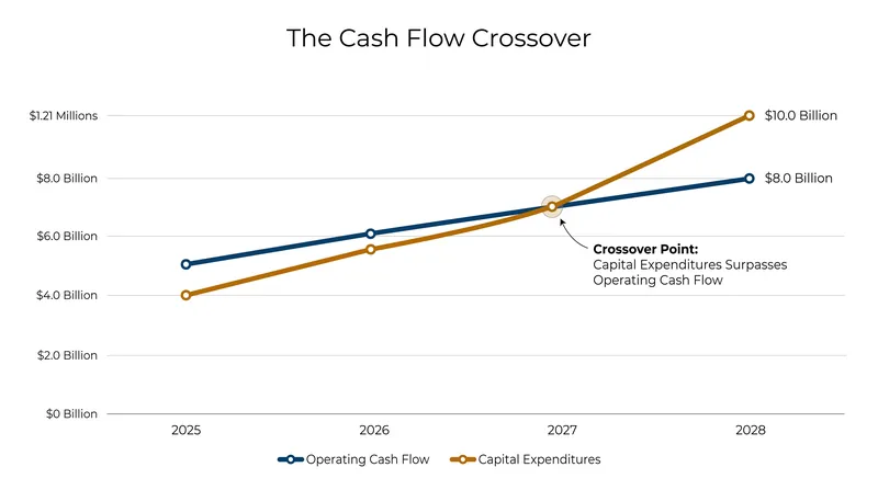 By 2027, capital expenditures are projected to consume nearly all operating cash flow for major cloud providers.