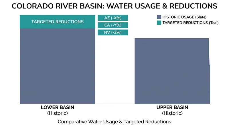 The Lower Basin states face the brunt of the mandatory cuts, while the Upper Basin focuses on voluntary conservation.