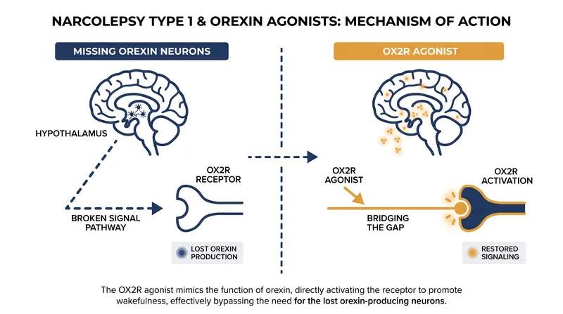 Unlike stimulants, orexin agonists bypass destroyed neurons to directly stimulate the brain's wakefulness receptors.