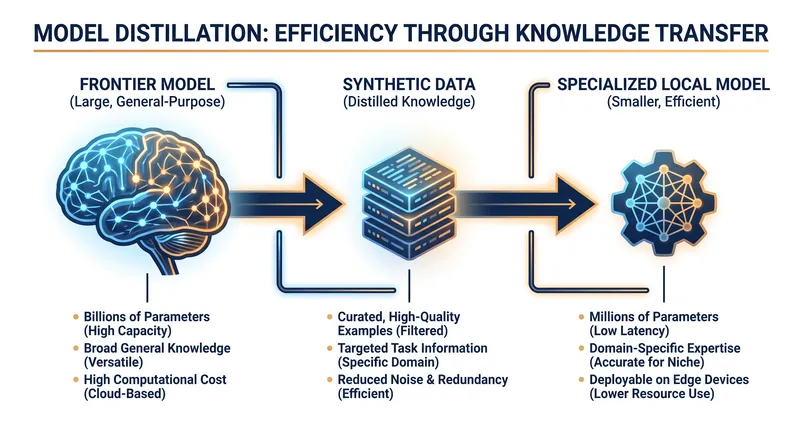 How model distillation transfers reasoning from large systems to smaller, localized applications.