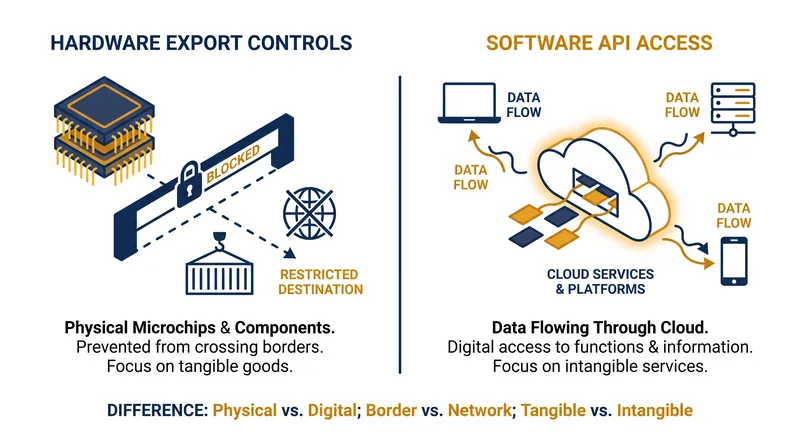 The gap between physical hardware embargoes and intangible software access.