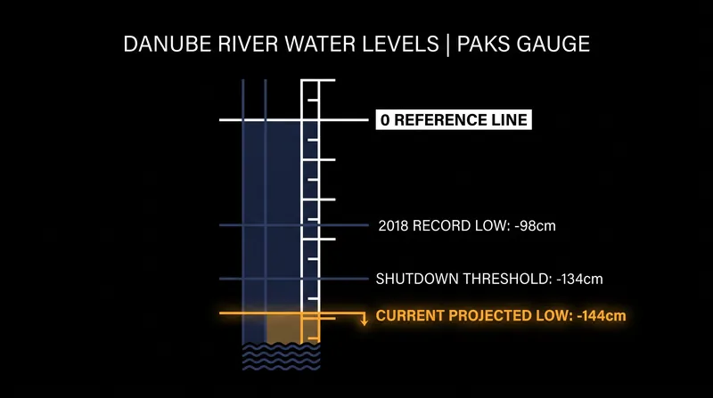 The Danube River's water level has fallen well below the physical reach of the plant's intake pumps.