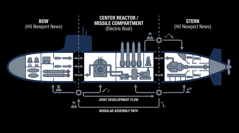 The cooperative manufacturing model divides module construction between two primary shipyards to maximize throughput.
