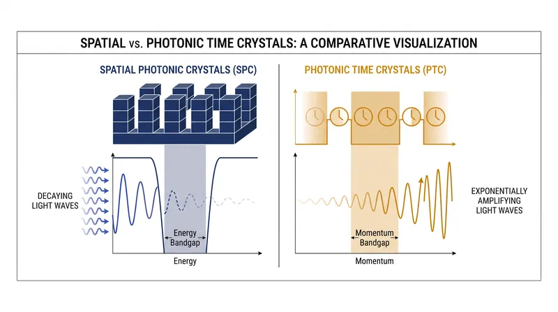Unlike spatial crystals that block light, photonic time crystals create momentum bandgaps that actively amplify trapped photons.