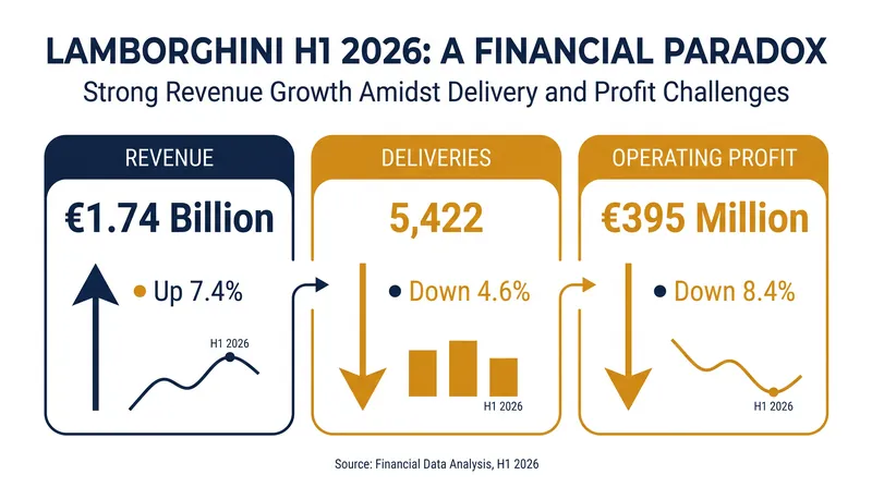 Lamborghini's H1 2026 financial results highlight a decoupling of revenue and vehicle volume.