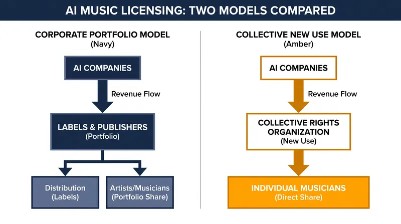 A comparison of the two primary frameworks for AI music licensing.